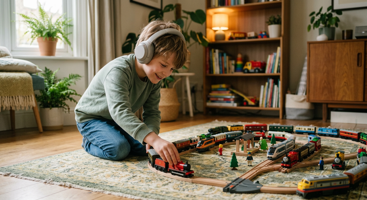 A child wearing soft headphones, happily absorbed in arranging a collection of model trains