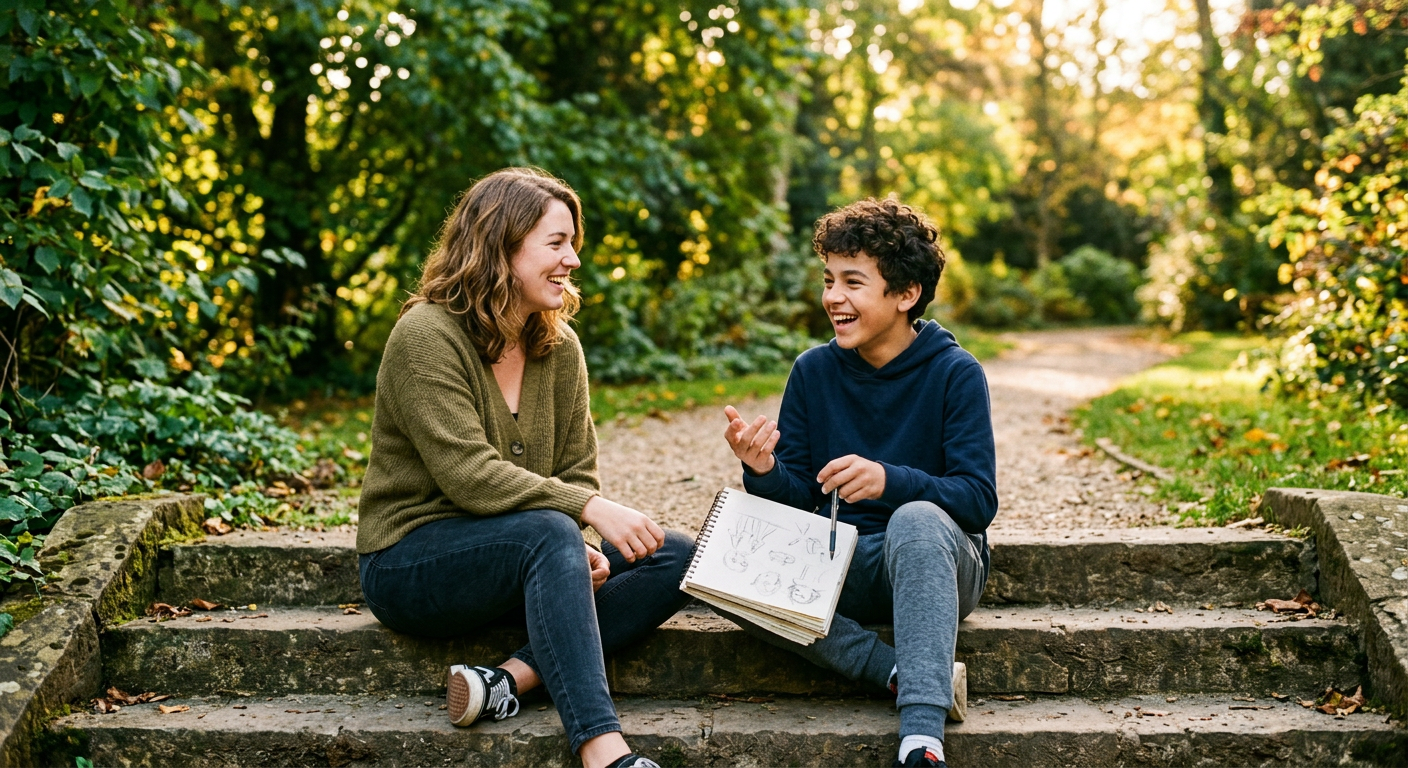 A young adult mentor and a teenager laughing together on outdoor steps
