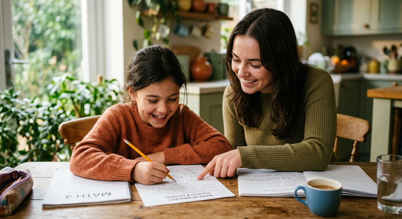 A smiling child working through a math worksheet with a tutor